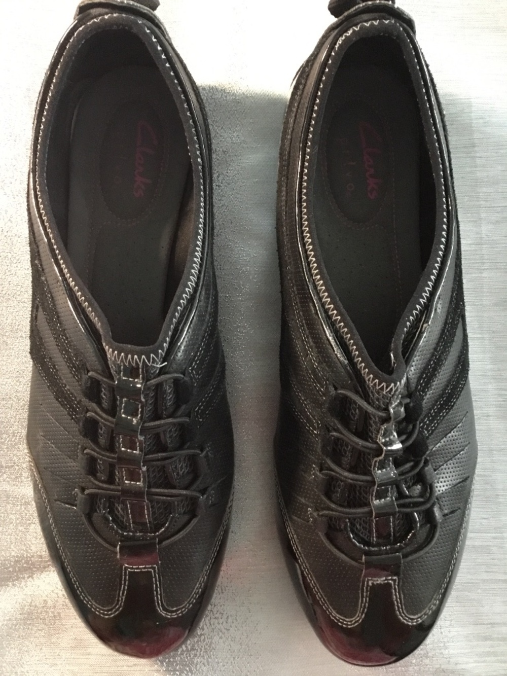 Clarks Black Patent Leather Sport Shoes With Elastic Lacing - NWOT